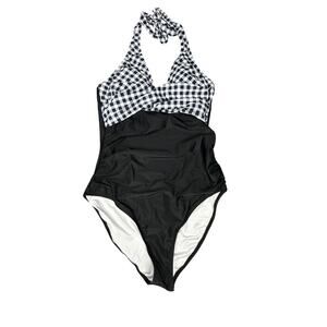 Womens Swimsuit Large Black and White Gingham Halter Tie Deep V Neck One Piece